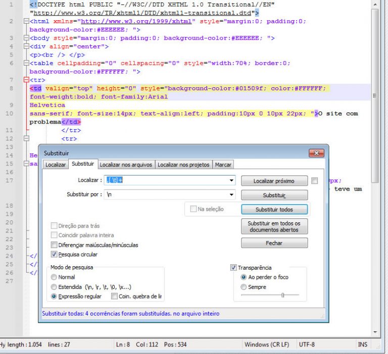 Localizar e substituir texto no Notepad ++ usando Regex Expressão